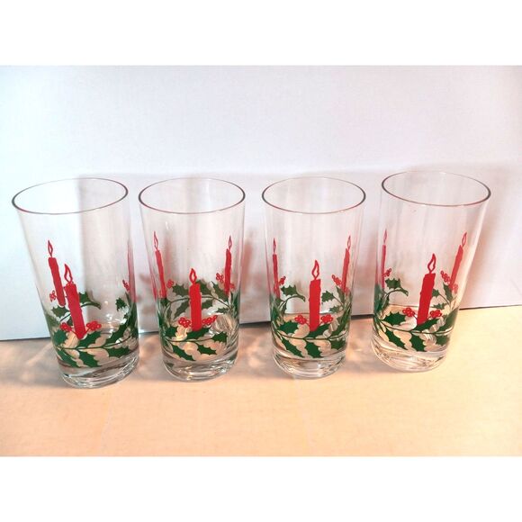 Lot of 4 Vintage Christmas Drinking Glasses Holly & Candle Print Tumblers - Picture 1 of 3